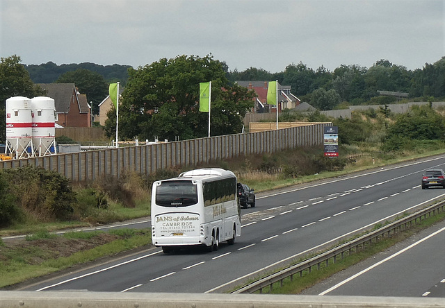 Jans Coaches CSU 332 (PN13 TFX) on the A11 at Red Lodge - 14 Jul 2019 (P1030123)