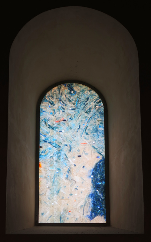 Modern, abstract stained glass window