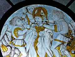Detail of the Martyrdom of St. Leger Stained Glass Roundel in the Cloisters, October 2017