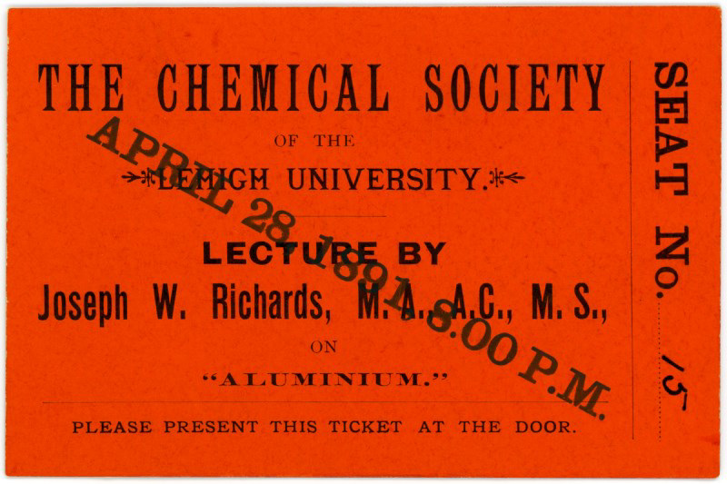 Aluminum Lecture Ticket, Lehigh University, April 28, 1891