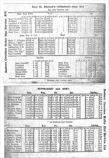 1930s timetables: Eastern Counties Omnibus Co service 213 and 216
