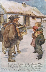 Kristnaska bildkarto, 1918, migrantaj petkantantoj, aŭtoro K.Nejedlý