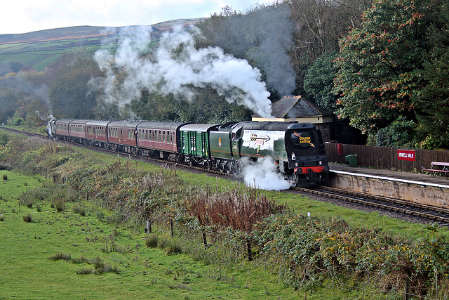 Bulleid SR West Country class 4-6-2 34092 CITY OF WELL`S on rear of 1J56 11.30 Rawtenstall - Heywood departing Irwell Vale E.L.R. 19th October 2019.