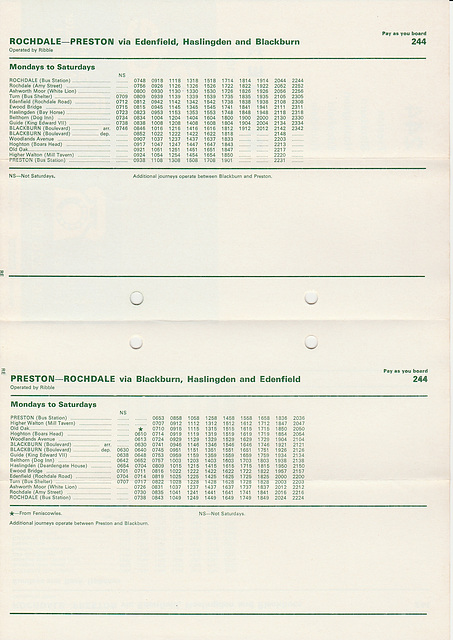 Ribble service 244 timetable (leaflet issued by Greater Manchester Transport) - Page 2 of 2