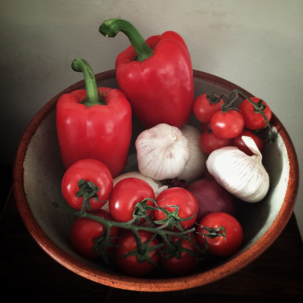 peppers onions tomatoes & garlic