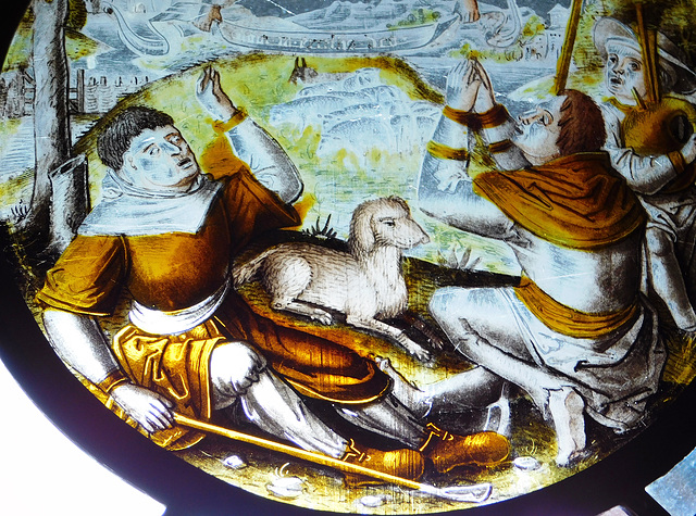 Detail of the Annunciation to the Shepherds Stained Glass Roundel in the Cloisters, October 2017