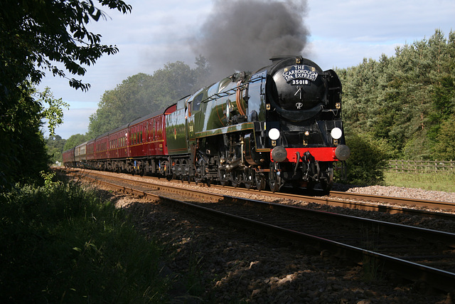 Bulleid Merchant Navy class 4-6-2 35018 BRITISH INDIA LINE with 1Z27 17.15 Scarborough - Carnforth The Scarborough Spa Express at Meads Lane Crossing 21st June 2018