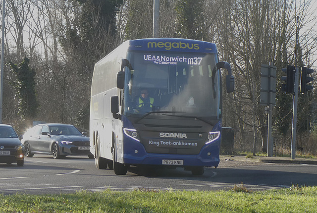 Prospect Coaches (Megabus contractor) PR73 KNG at Fiveways, Barton Mills - 7 Jan 2024 (P1170220)