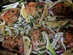 chicken thighs fennel shallots lemon & thyme - going in.