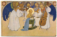 Kristnaska bildkarto, anĝeletoj muzikantaj, 1940, aŭtoro J.Wenig