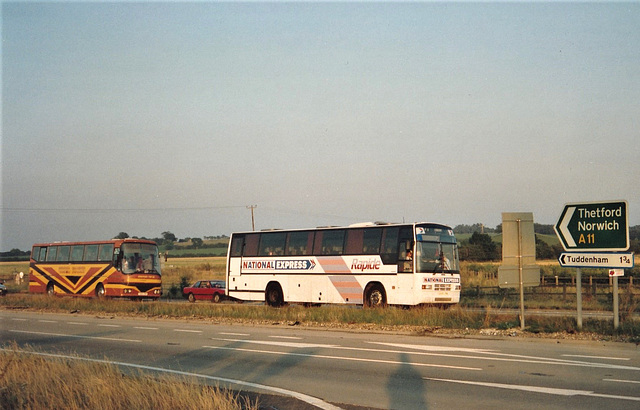 Ambassador Travel 120 (G945 JPW) on the A11 at Chalk Hill near Barton Mills – 1 Sep 1993 (148-5)