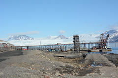 Svalbard, Loading Dock in the Port of Pyramiden and behind it Nordenskiold Glacier