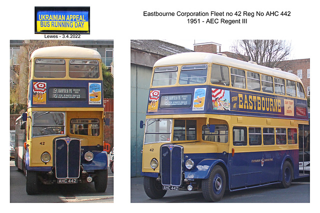 Eastbourne Corporation no 42 1951 AEC Regent III   Ukrainian appeal running day Lewes 3 4 2022