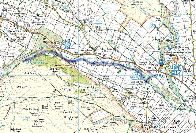 A 3.5m walk from near Bowlees to  above High Force and back  (September 1990)