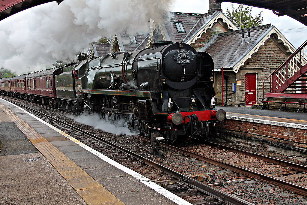 Bulleid Merchant Navy class 35018 BRITISH INDIA LINE at Kirkby Stephen with 1Z87 14.22 Carlisle - London Euston The Cumbrian Mountain Express 22th May 2021.