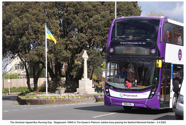 Stagecoach 10945 at Seaford Memorial Garden with the Ukrainian flag flying 3 4 2022