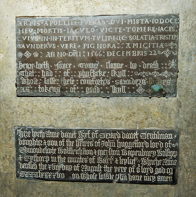 weston under wetherley church, warks brass inscriptions of 1566 and 1497, tristem saunders and anne danet