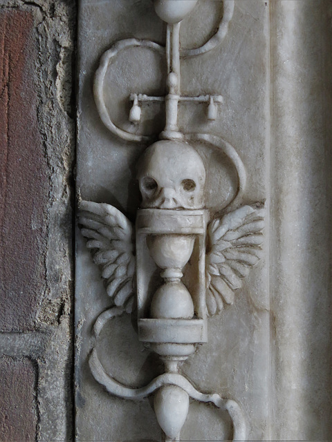 weston under wetherley church, warks  (22)scales, skull, hourglass on tomb of morgan children, 1584