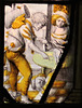 canterbury museum glass   (70)a rather angry looking beggar looks askance at dice on a table in front of a well dressed young woman, c17 flemish glass