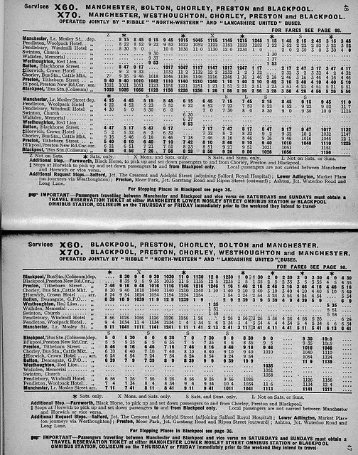 Manchester-Blackpool-Manchester service X60 (with X70) timetable - 30 Sep 1946 to 31 Mar 1947