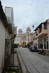 Greece, Lefkimmi on Kerkyra, The Street of 21st March with the Church of Saint Arsenios ahead