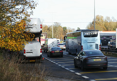 Thandi Coaches (Megabus contractor) TN18 NDY on the A11 at Barton Mills - 29 Nov 2024 (P1200411)