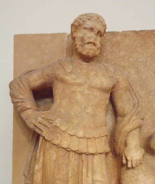 Detail of a Grave Relief from Eleusis of a Bearded Warrior in the National Archaeological Museum in Athens, May 2014