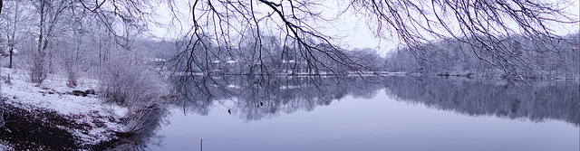 Panorama of the lake in the snow