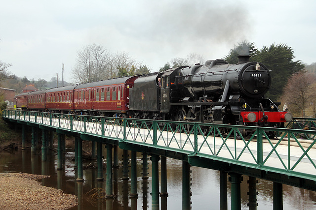 LMS class 8F 2-8-0 48151 with 1Z10 06.00 Hellifield - Whitby The Whitby Flyer crossing The Murk Esk at Ruswarp 14th April 2018 (Steam from York)