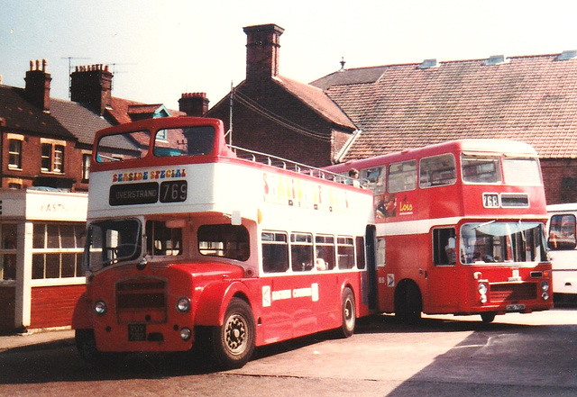 Eastern Counties Omnibus Company OT1 (VDV 752) and VR144 (GNG 710N) at Cromer – 7 Jul 1981