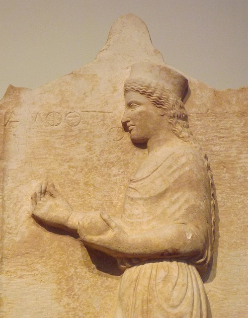 Detail of the Grave Stele of Amphotto from Pyri in the National Archaeological Museum in Athens, May 2014