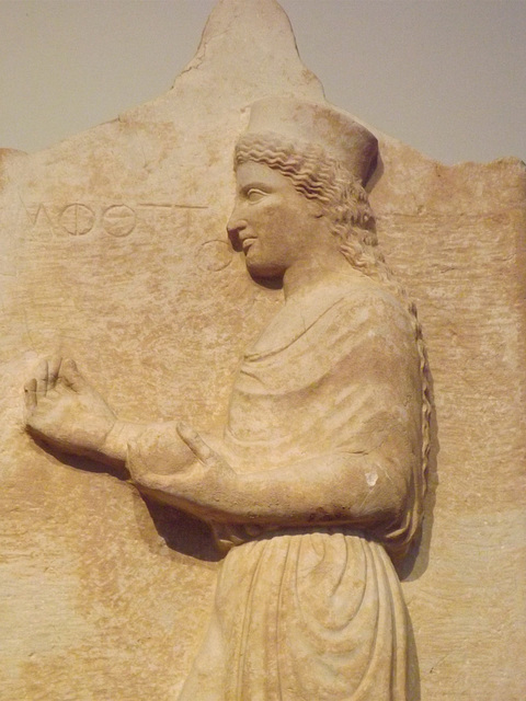 Detail of the Grave Stele of Amphotto from Pyri in the National Archaeological Museum in Athens, May 2014
