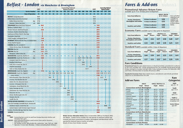 Ulsterbus timetable Belfast to Birmingham and London 2004-2005