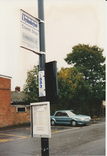 Cambridge Coach Services coach stop Mildenhall - 30 Oct 1994