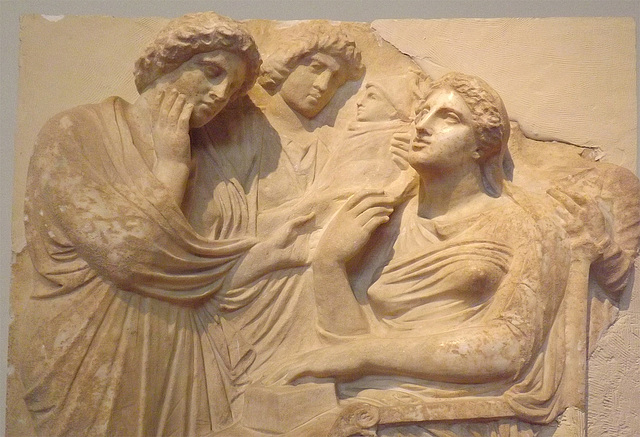 Detail of a Grave Relief with a Seated Woman, Baby and Servants in the National Archaeological Museum in Athens, May 2014