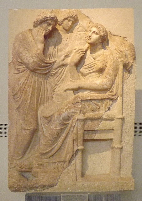 Grave Relief with a Seated Woman, Baby and Servants in the National Archaeological Museum in Athens, May 2014