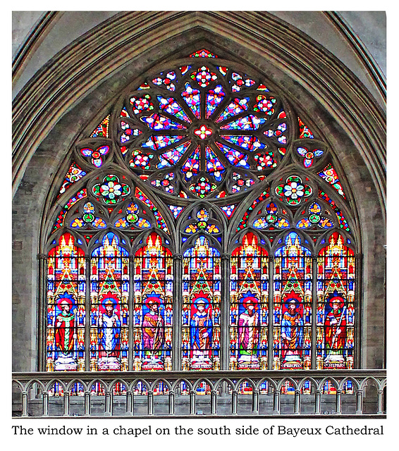 A window in a chapel on the south of Bayeux Cathedral of catholic saints 28 10 2010