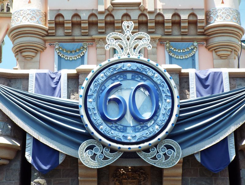 Detail of the 60th Anniversary Banner on Sleeping Beauty's Castle in Disneyland, June 2016