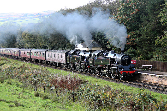 BR standard class 4 2-6-4T`s 80080+80097 at Irwell Vale with 1J57 11.50 Heywood - Rawtenstall E.L.R. 19th October 2019.