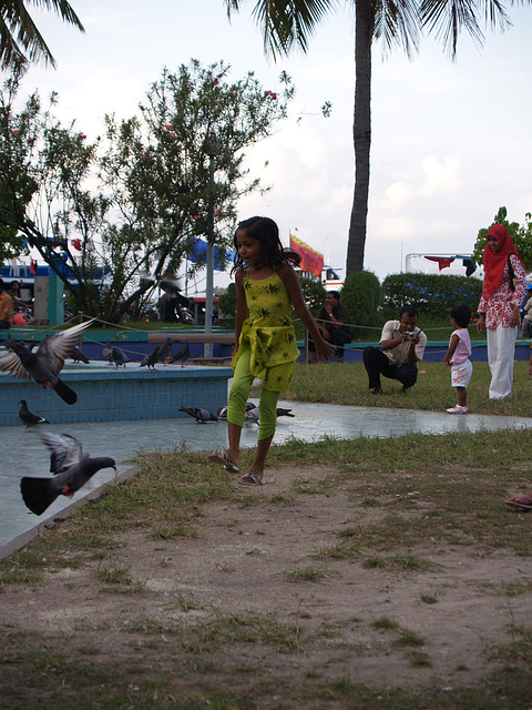 A girl plays with pigeons