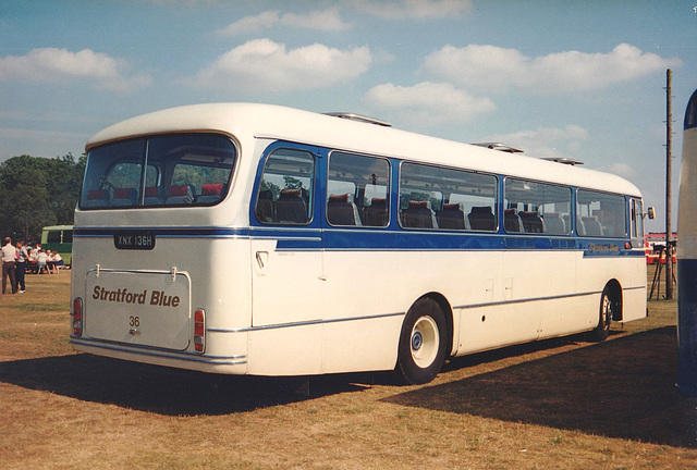 Preserved former Stratford Blue 36 (XNX 136H) at the ETC Rally at the Norfolk Showground – 8 Sep 1991 (149-8) Preserved former Stratford Blue 36 (XNX 136H) at the ETC Rally at the Norfolk Showground – 8 Sep 1991 (149-8)