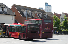 First Eastern Counties (Ipswich Reds) 66950 (WX55 TZM) and 32655 (AU05 MUY) in Ipswich - 8 Jul 2022 (P1120344)