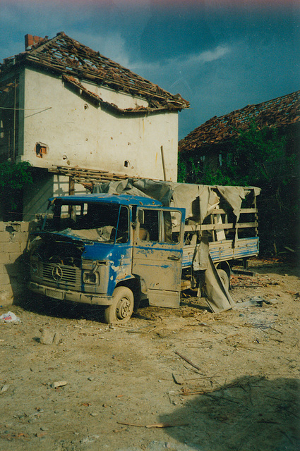 shot up merc truck