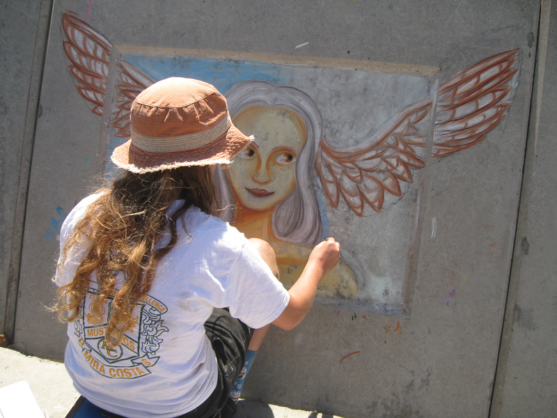 Daughter doing chalk art, Redondo Seawall