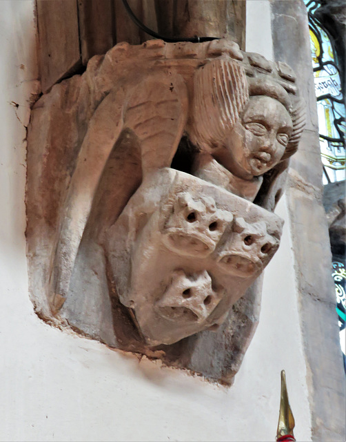 brampton church, hunts (28) c15 roof corbel with heraldry of ely