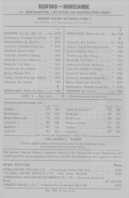 Bedford-Morecambe service timetable Summer 1972 (see inset photo for colour leaflet)