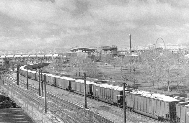 Coal unit train in light snow
