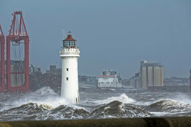 Storm on the Mersey. A nine metre high tide was half way up the lighthouse.
