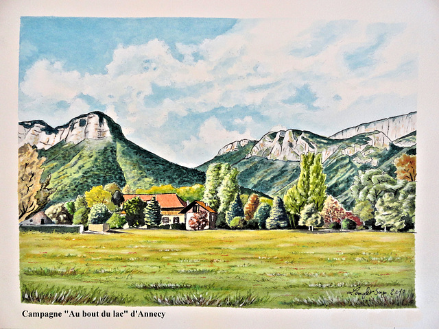 Aquarelle, "Campagne au bout du Lac" d'Annecy