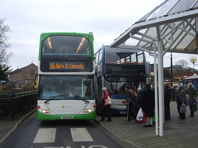 DSCF5997 Stagecoach East (Cambus) AE10 BYJ and Stephensons of Essex YN55 NKH in Newmarket - 3 Dec 2016